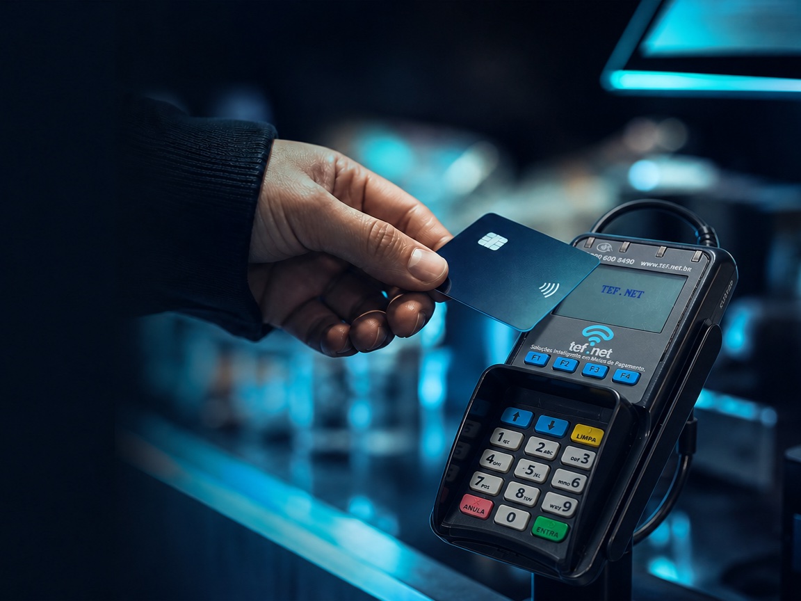 Solução TEF — cartão sendo processado em terminal POS
