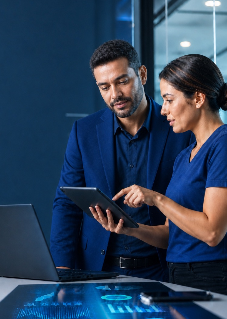 Especialista da tef.net lado a lado com o cliente analisando indicadores